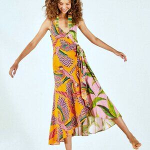 Farm Rio Multicolor Beaded Macaw Mixed Print Cotton Midi Wrap Dress Size M